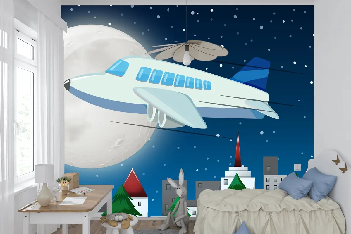 Gece Gökyüzünde Uçan Uçak Çocuk Odası Duvar Kağıdı