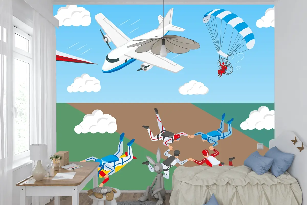 Uçak Yelken Havacılık Gökyüzünde Paraşütle Atlayan Bir Grup İnsan Çocuk Odası Duvar Kağıdı