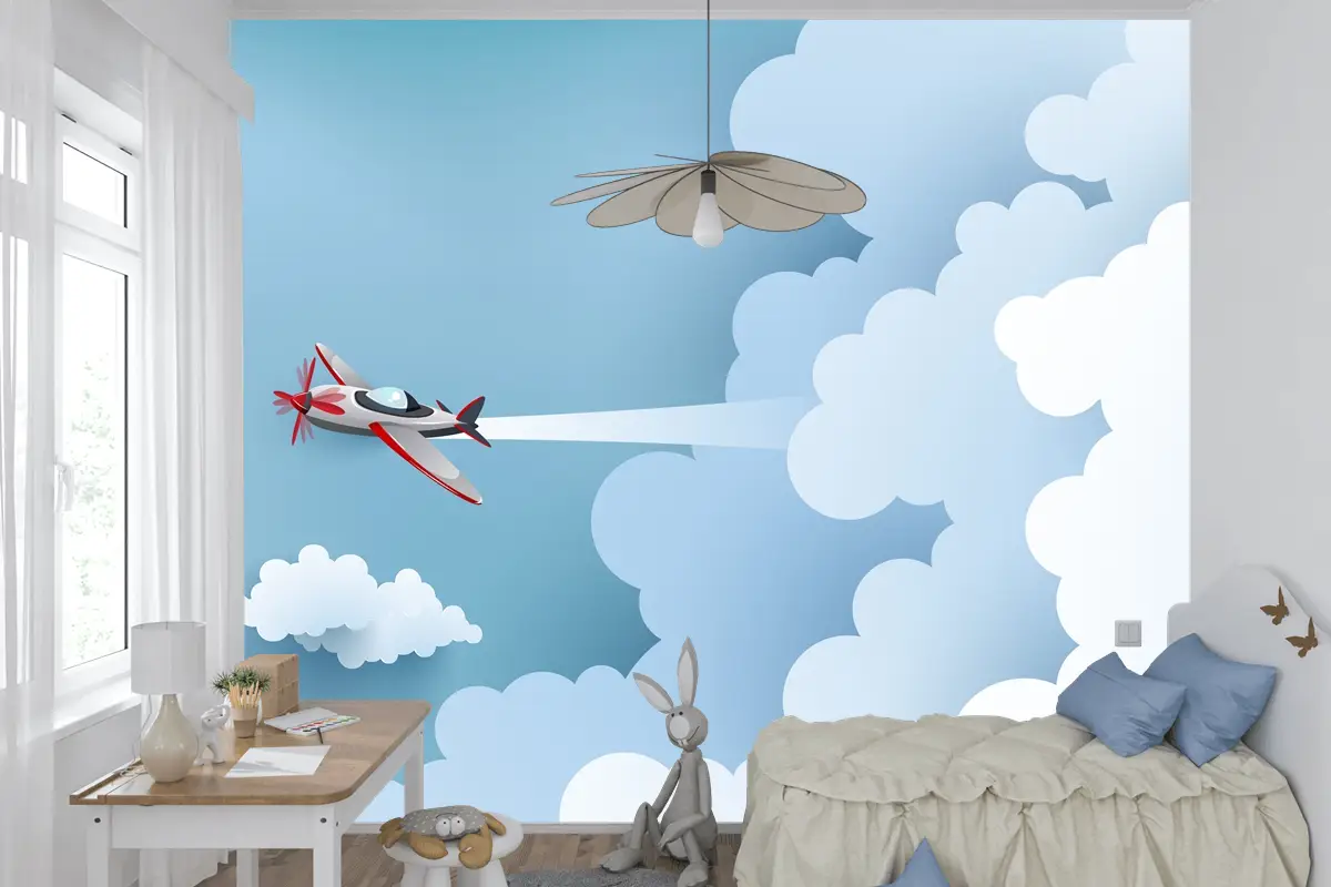 Bulut Üzerinde Uçak Çocuk Odası Duvar Kağıdı 
