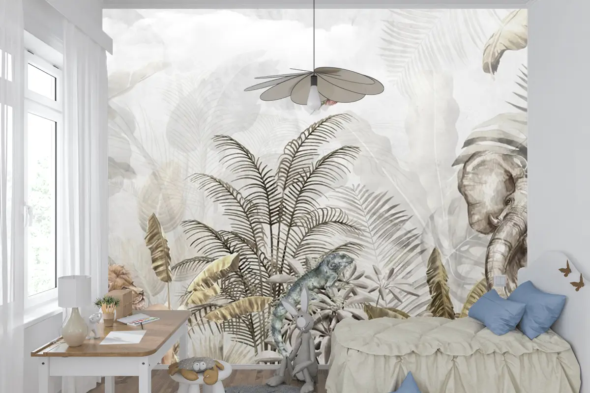 Altın Tropikal Safari Hayvanları Çocuk Odası Duvar Kağıdı