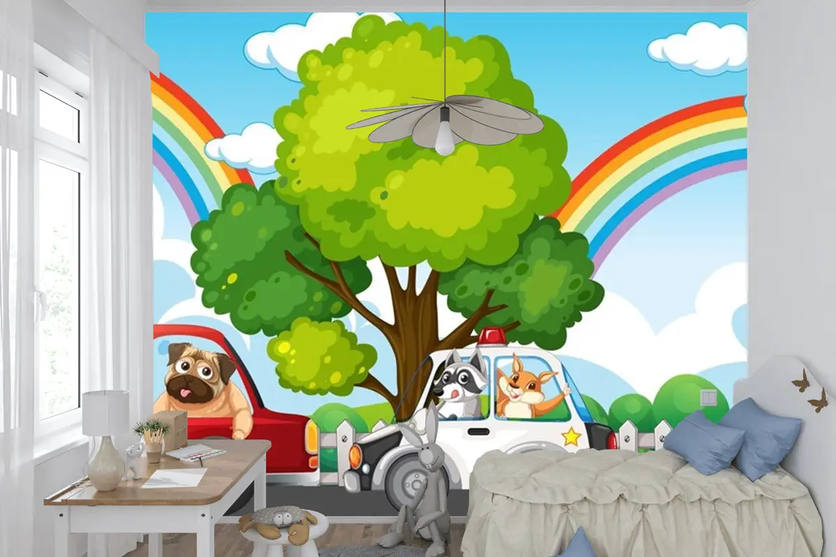 Farklı Arabaları Süren Hayvanlar Çocuk Odası Duvar Kağıdı