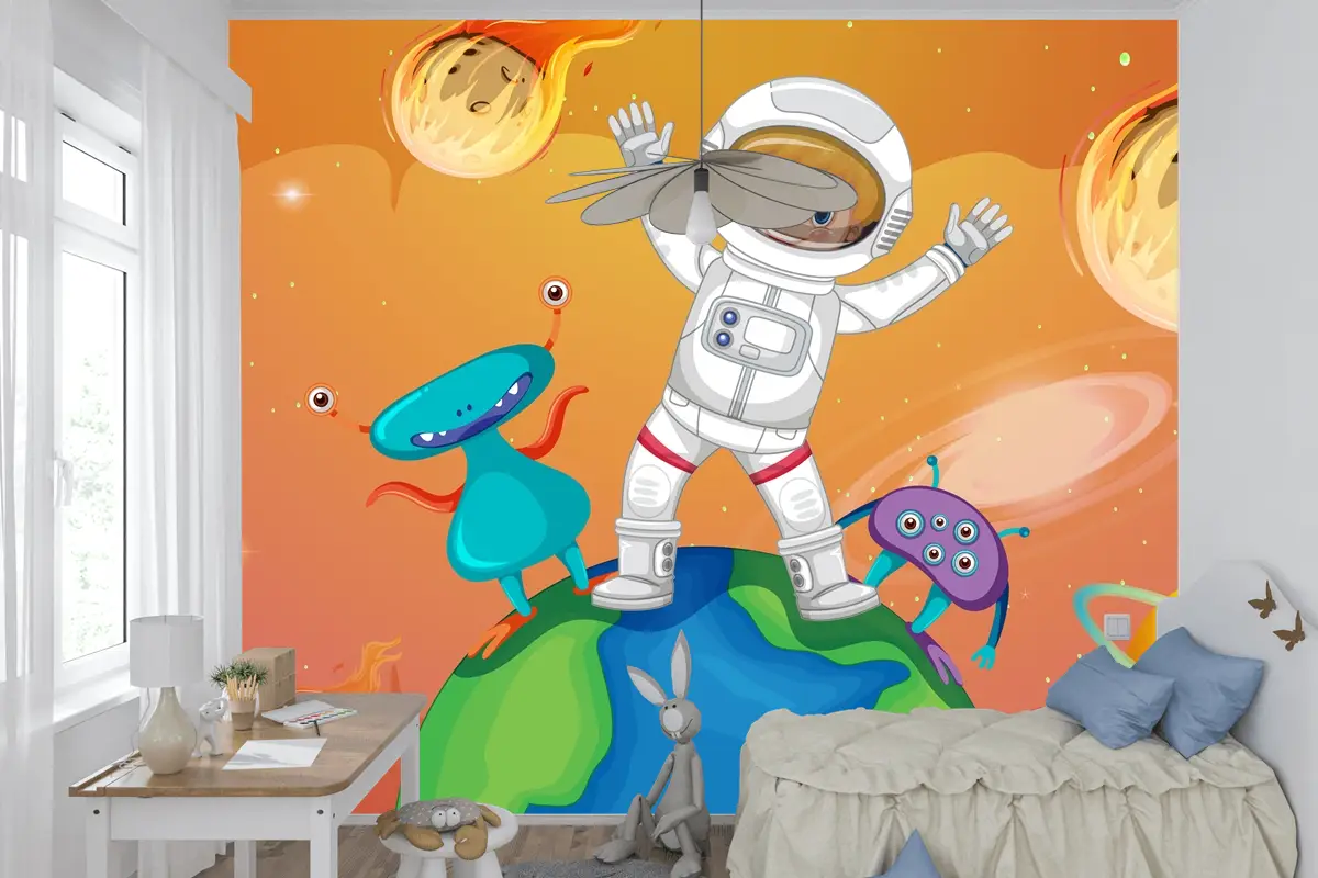 Uzay Sahnesinde Dünya Üzerinde Duran Uzaylılarla Astronot Çocuk Odası Duvar Kağıdı