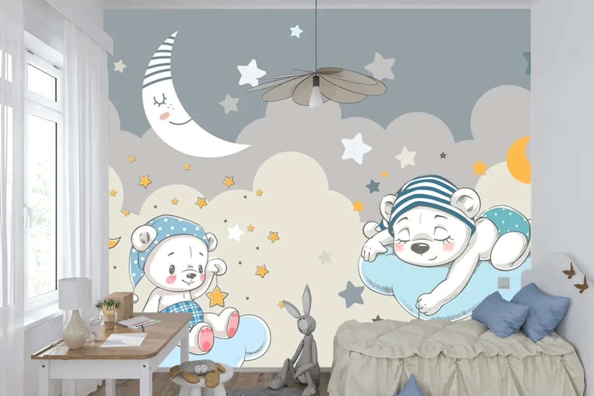 Ay Ve Yıldızlar Tüylü Bulutlar Teddy Ayılar Bebek Çocuk Odası Duvar Kağıdı