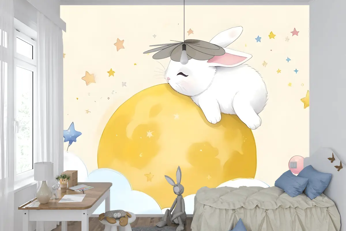 Bebek Karikatür Tavşan Ve Sarı Ay Çocuk Odası Duvar Kağıdı