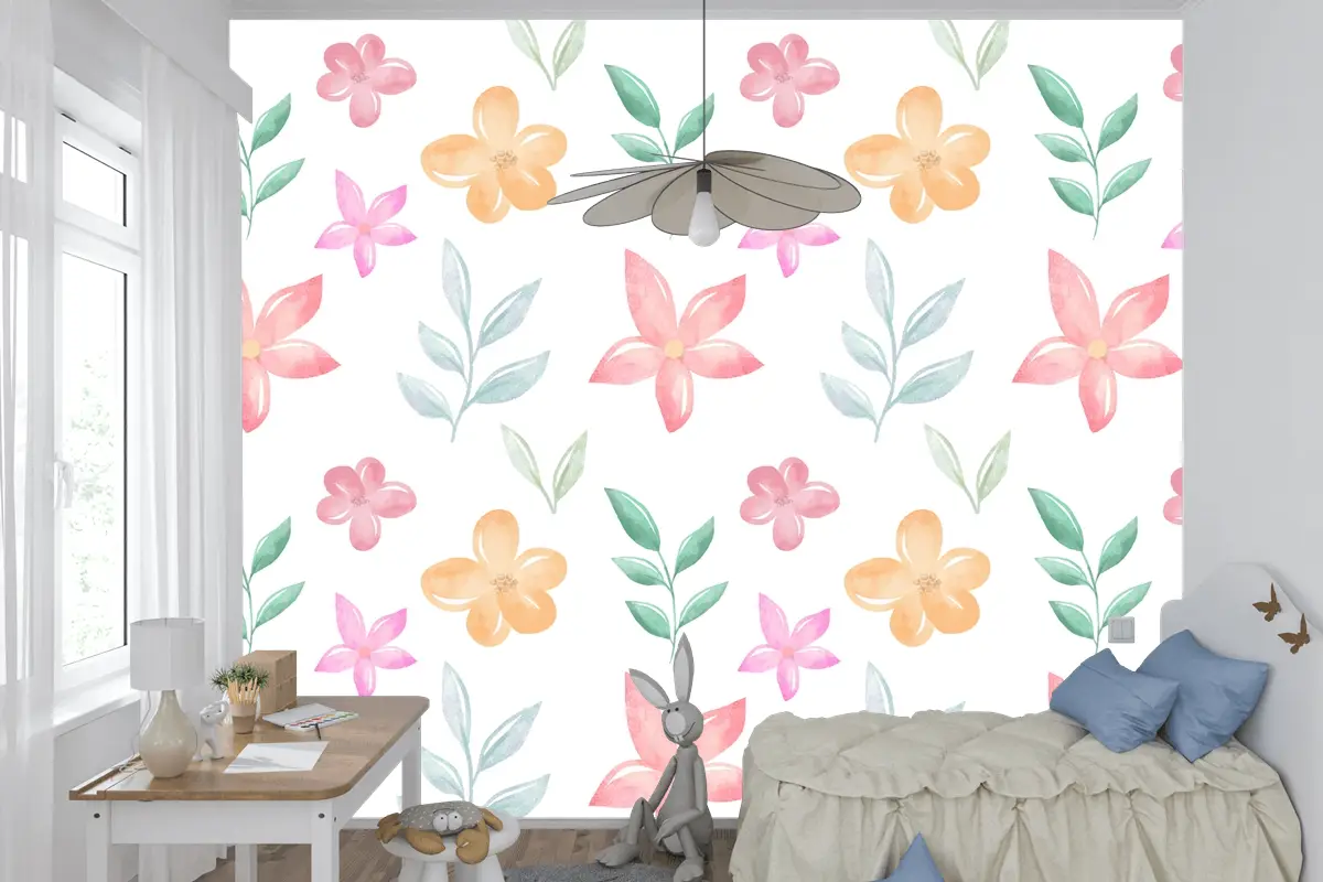 Yumuşak Renklerle Arka Plan Çiçek Suluboya Çocuk Odası Duvar Kağıdı