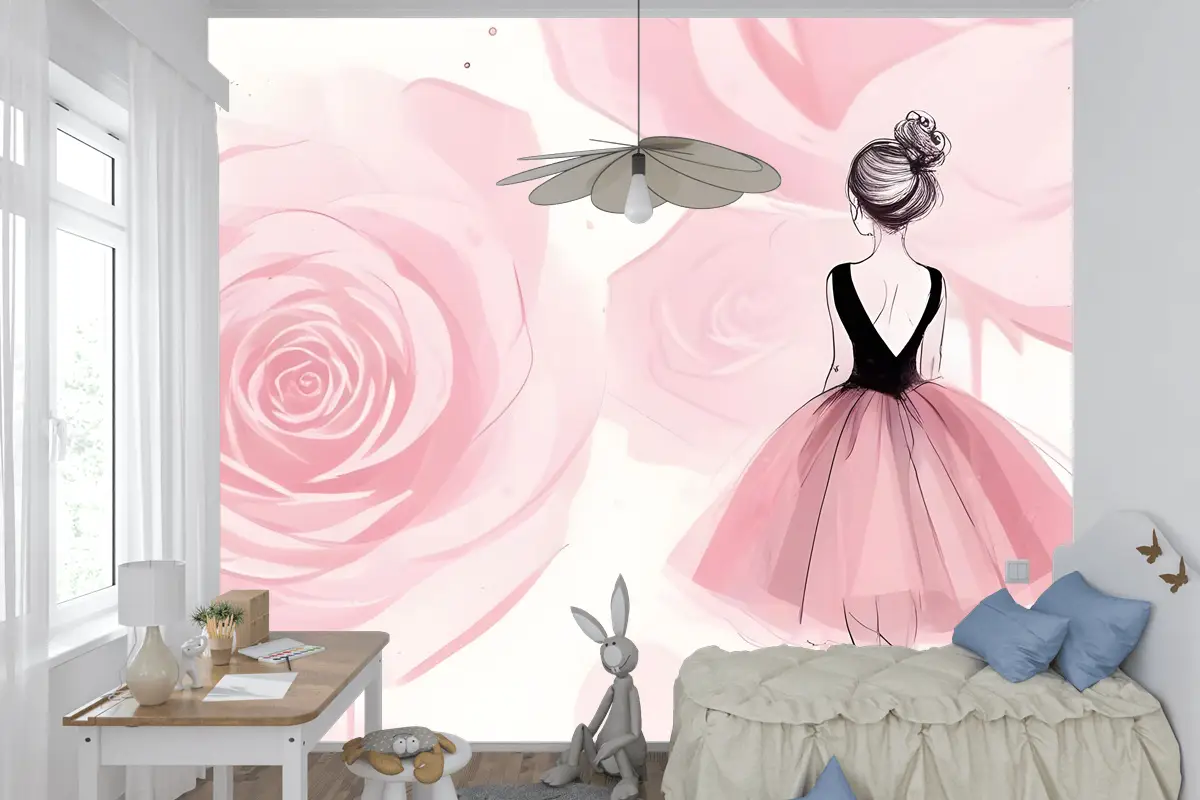 Balerin Kız Ve Pembe Güller Çocuk Odası Duvar Kağıdı