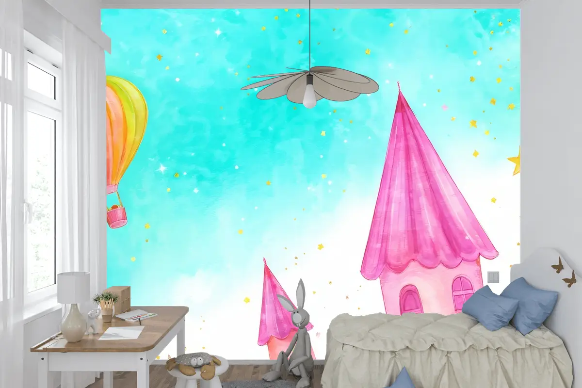 Uçan Bir Peri Masalı Suluboya Çocuk Odası Duvar Kağıdı Ile Balon