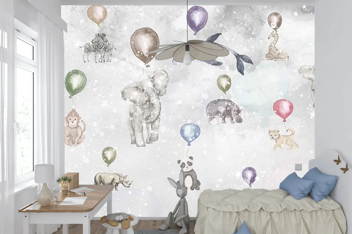 Balonlar Ve Sevimli Hayvanlar Çocuk Odası Duvar Kağıdı