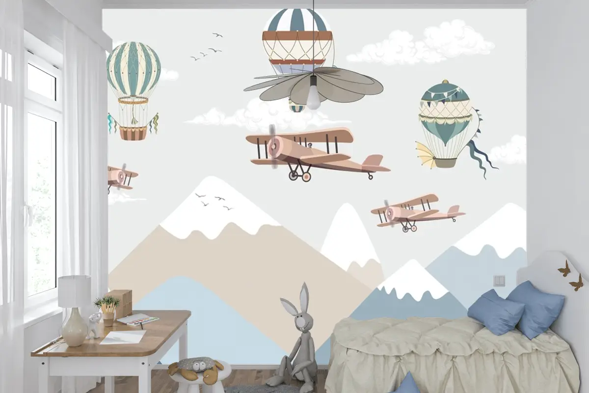 Balonlar Ve Uçaklar Ile Dağlar Çocuk Odası Duvar Kağıdı