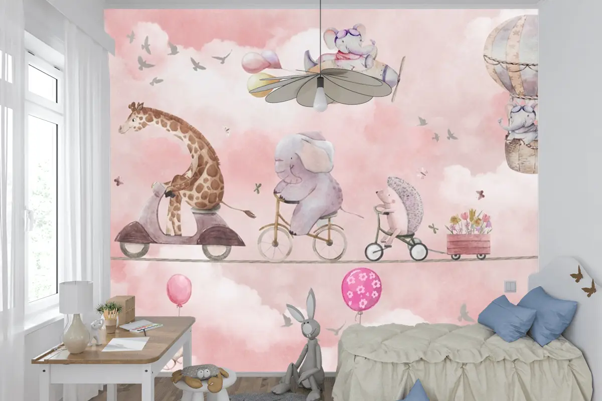 Balonlu Bisikletli Hayvanlar Suluboya Pembe Çocuk Odası Duvar Kağıdı