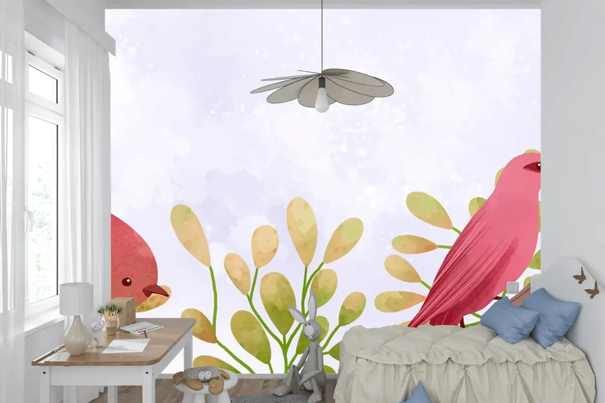 Dallarda Oturan Kuşların Güzel Suluboya Çocuk Odası Duvar Kağıdı