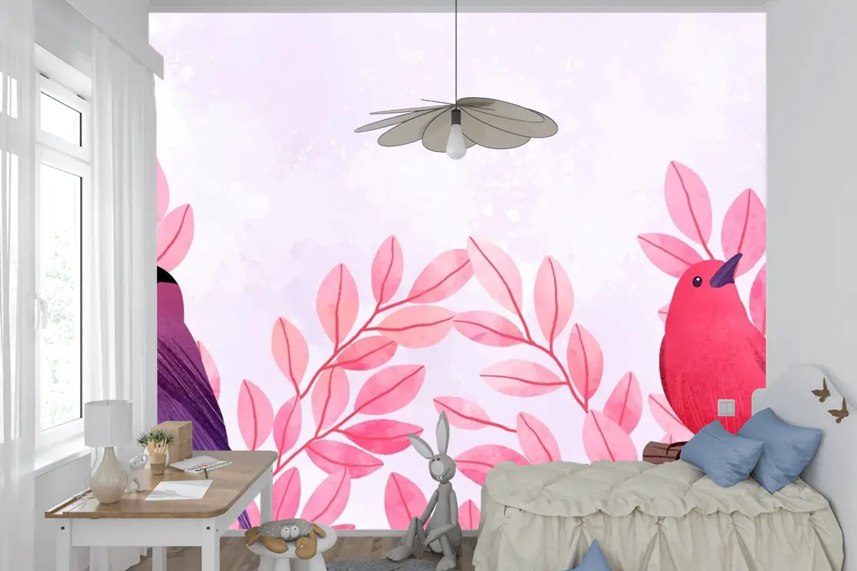 Dallarda Oturan Kuşların Güzel Suluboya Çocuk Odası Duvar Kağıdı