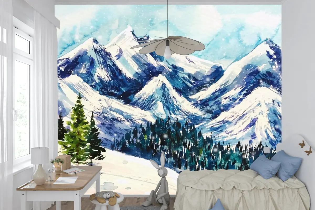 Suluboya Arka Planda Güzel Kış Manzarası Çocuk Odası Duvar Kağıdı