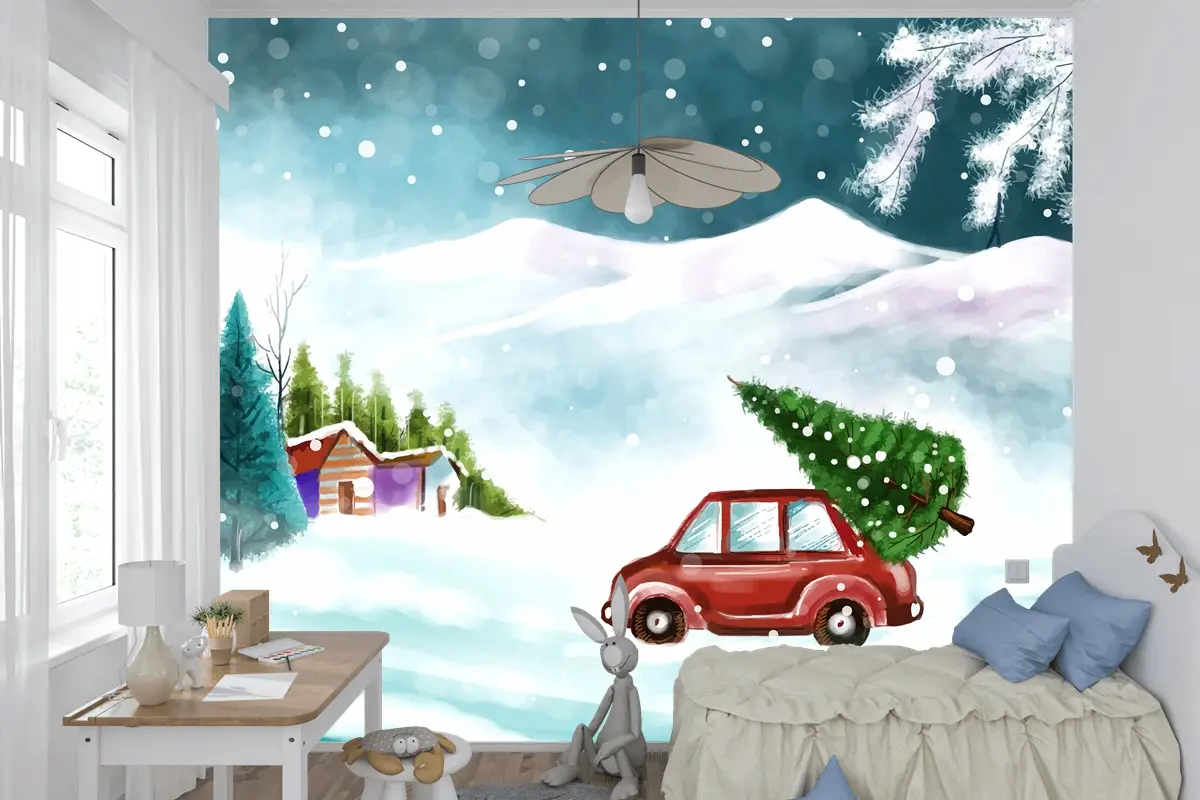 Karlı Noel Ağacında Arabayla Güzel Kış Manzarası Çocuk Odası Duvar Kağıdı