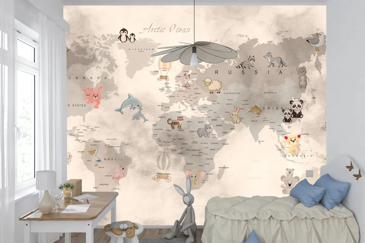 Bebek Hayvanlar Dünya Haritası Eğitici Çocuk Odası Duvar Kağıdı