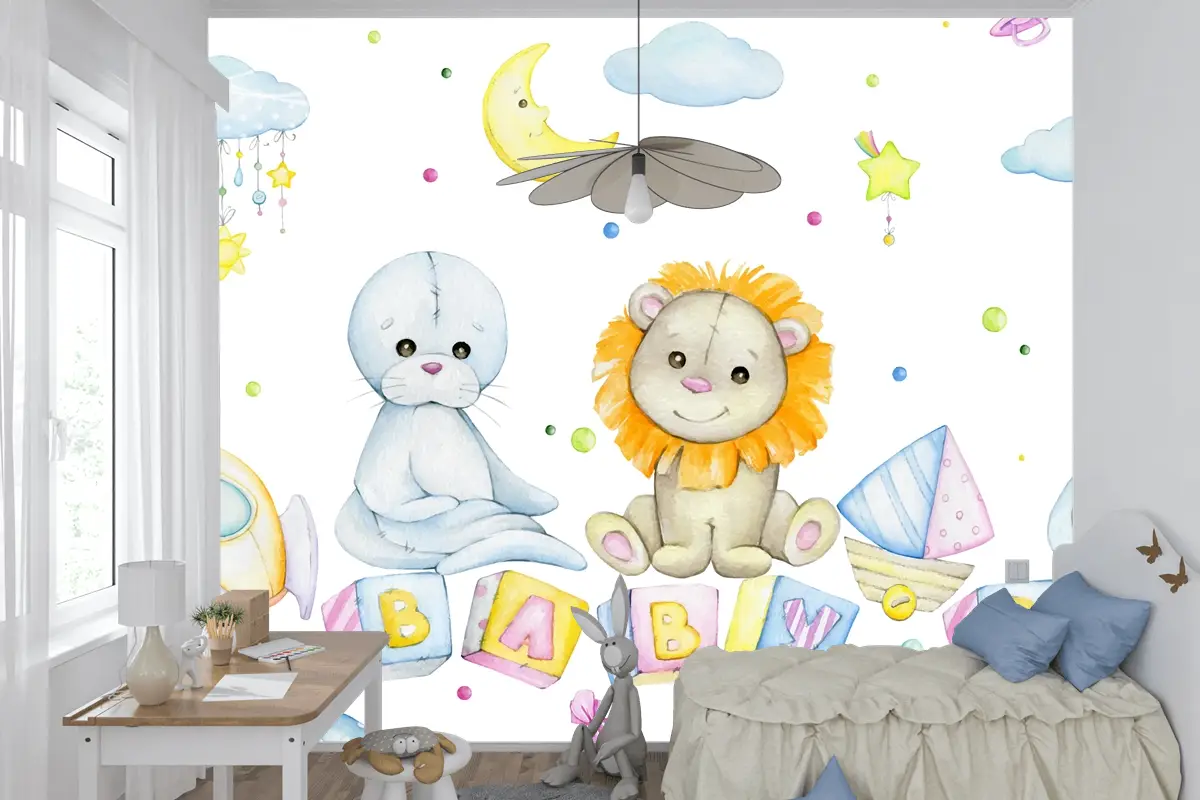 Arı Aslan Mühür Küpleri Harflerle Ay Yıldız Bulutlar Çocuk Odası Duvar Kağıdı