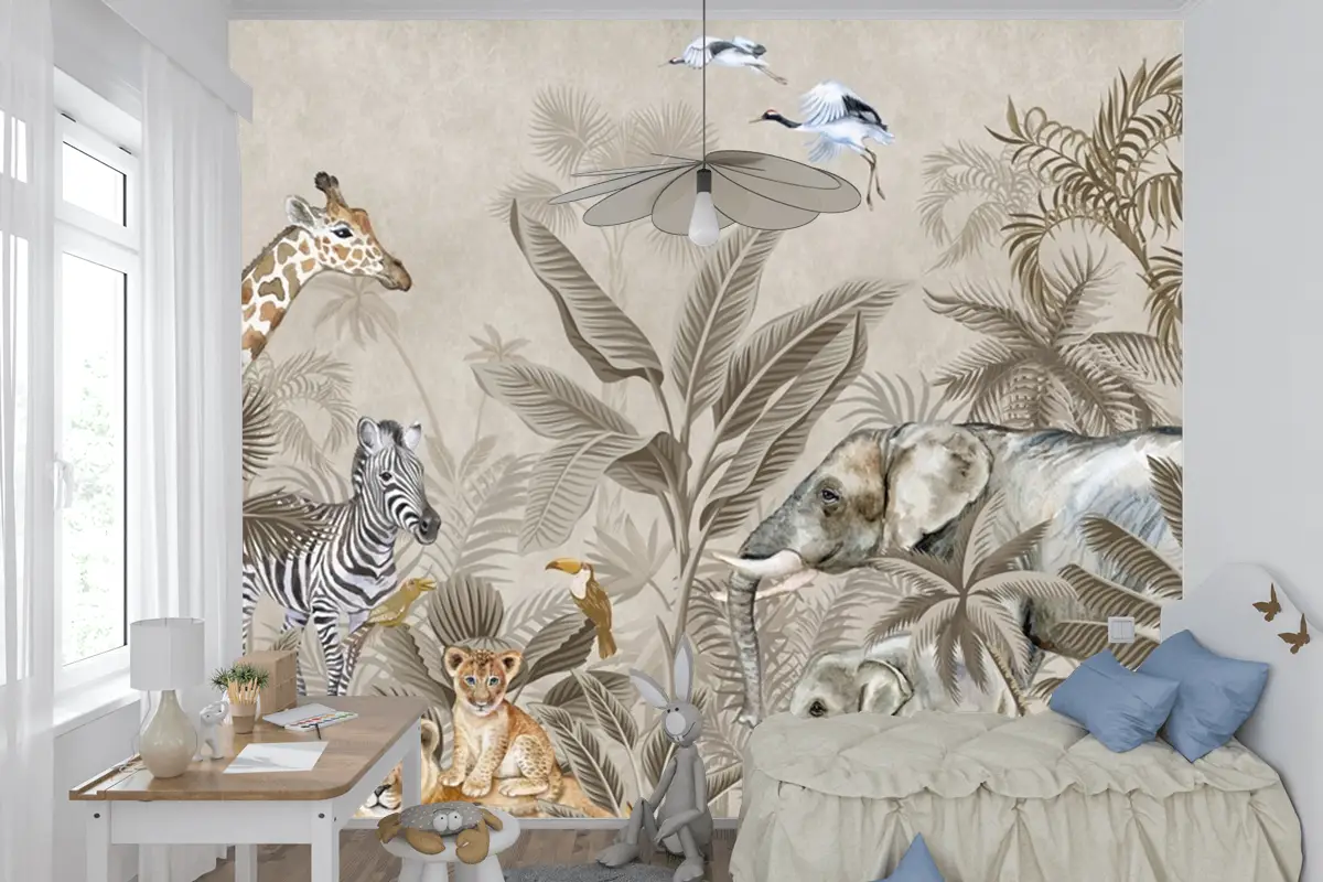 Bej Suluboya Safari Hayvanları Çocuk Odası Duvar Kağıdı