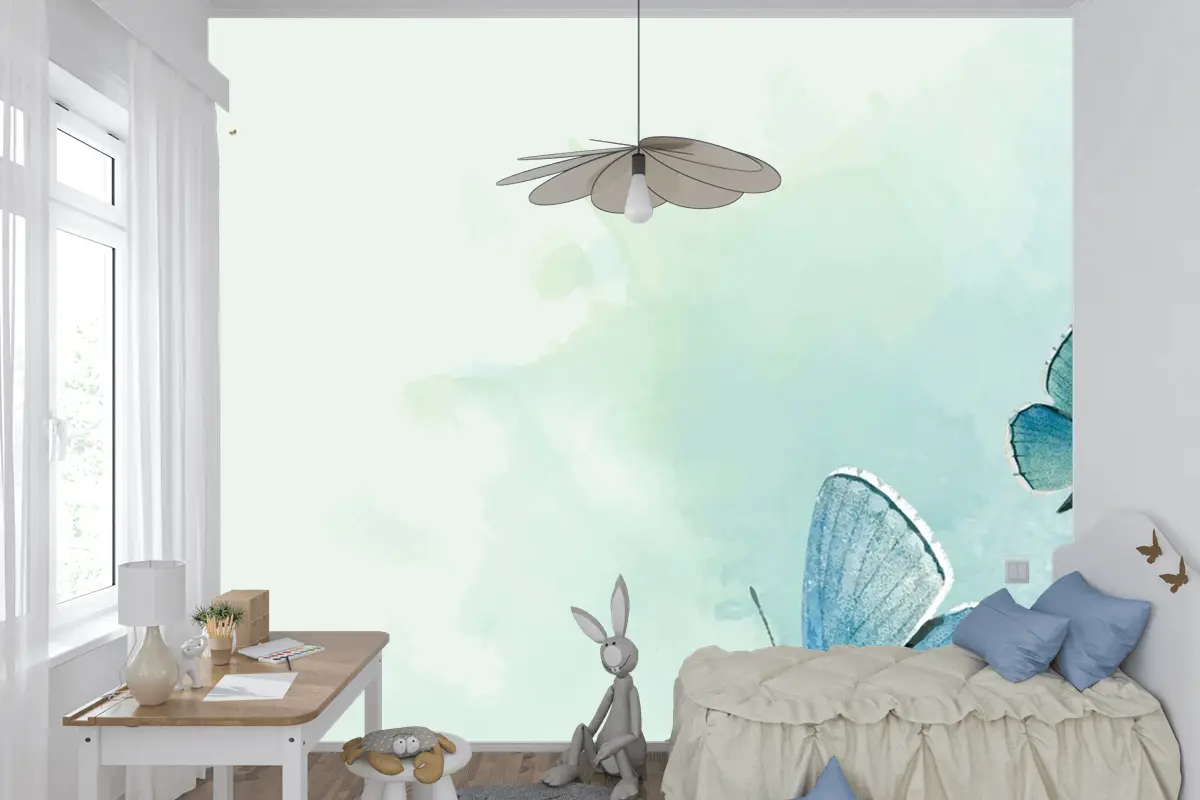 Mavi Kelebekler Desenli Arka Plan Çocuk Odası Duvar Kağıdı