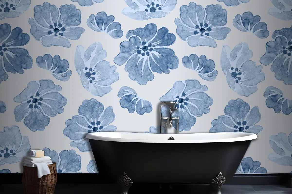 Mavi Çiçek Desenli Vintage Banyo Duvar Kağıdı