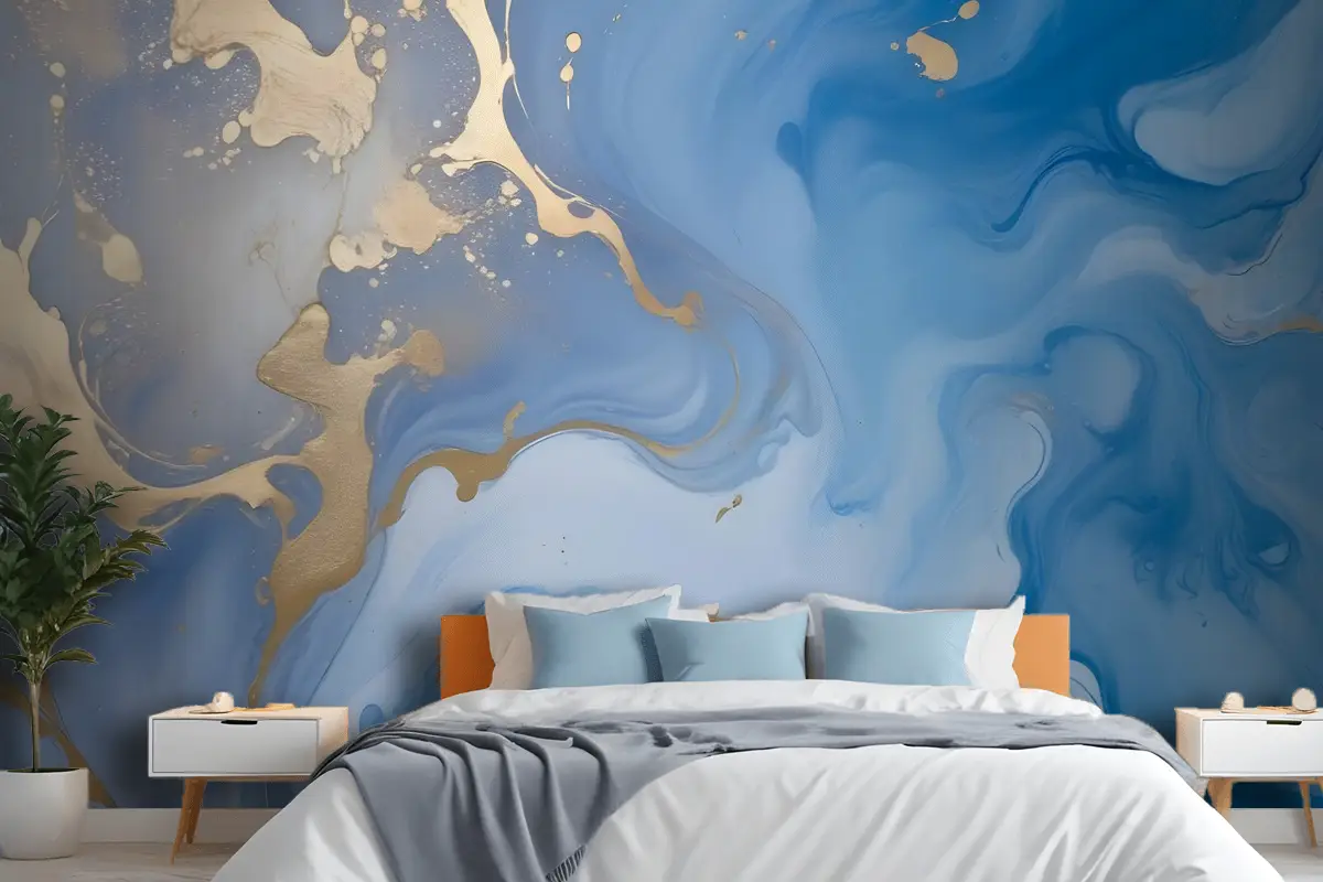 Sıçrama Yatak Odası Duvar Kağıdı  Ile Mavi Altın Görünümlü Mermer