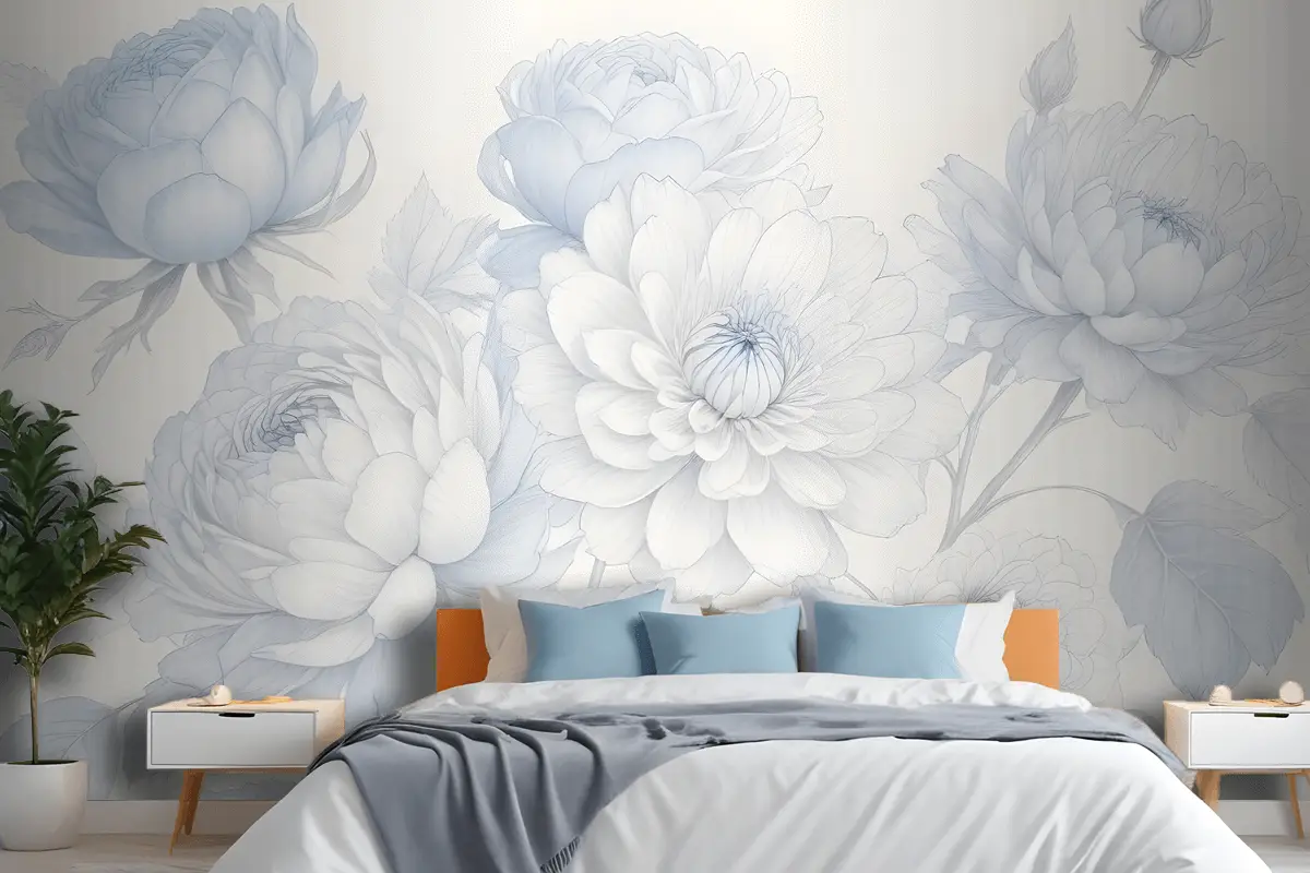Mavi Büyük Resimli Güller Yatak Odası Duvar Kağıdı