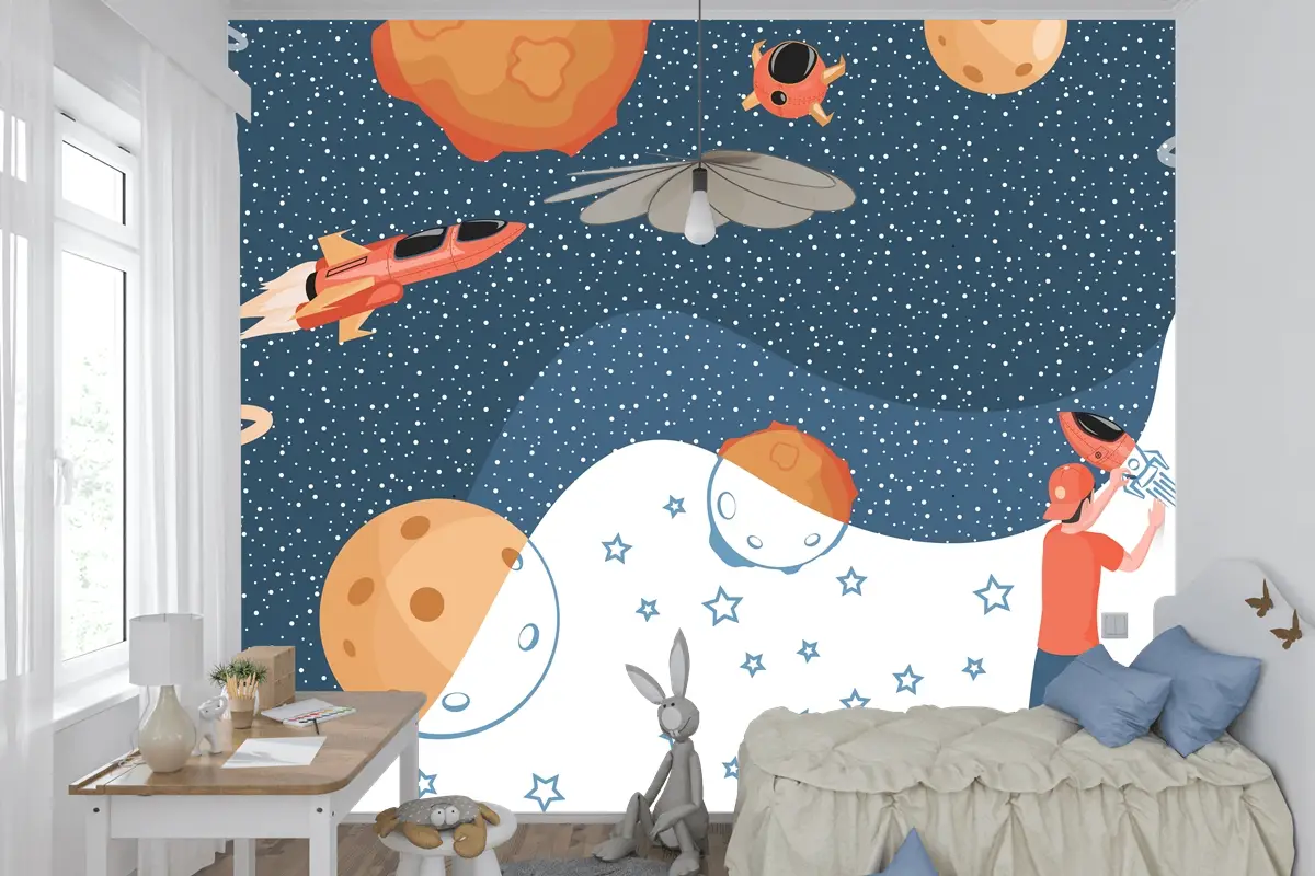 Cosmos Gezegenler Uzay Gemileri Ve Yıldızlar Çizim Çocuk Odası Duvar Kağıdı