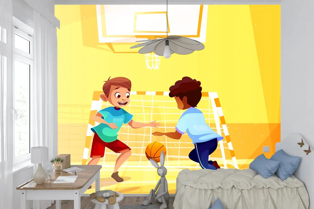 Okulda Topla Basketbol Oynayan Çocuk Odası Duvar Kağıdı