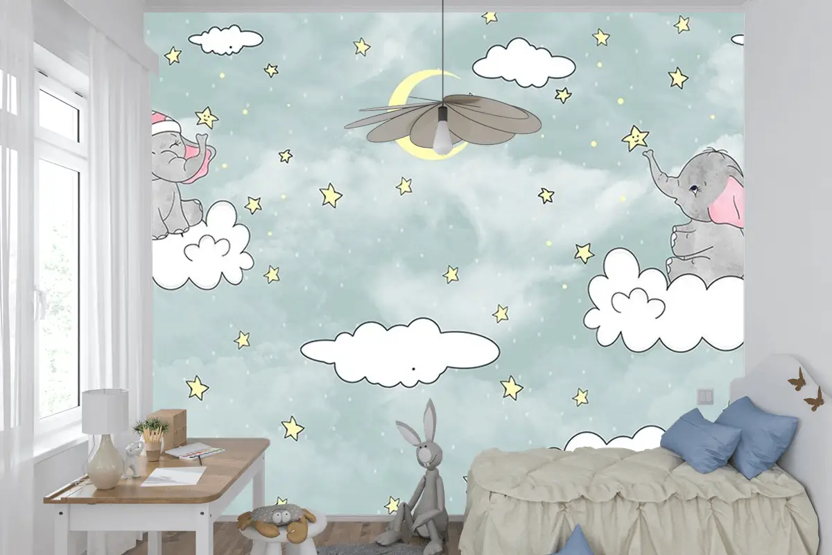 Bulut Üzerinde Sevimli Filler Duvar Kağıdı