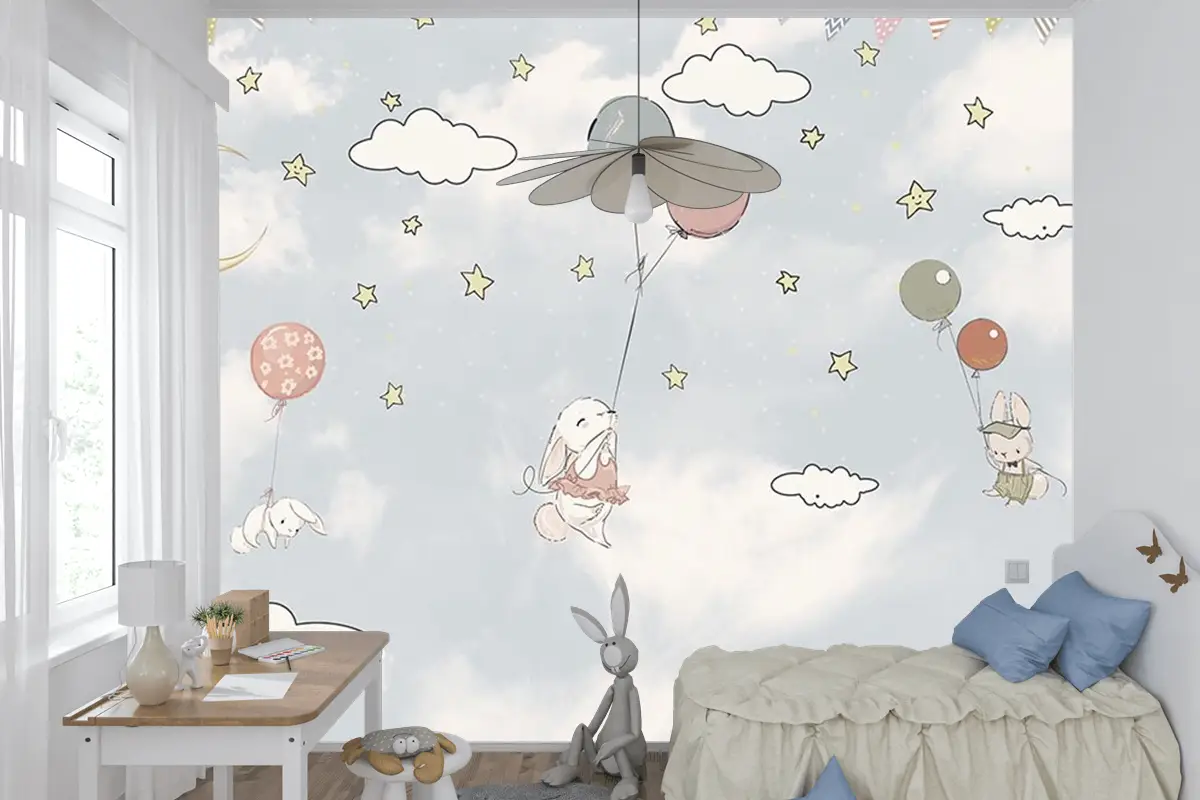 Bulutlar Arasında Balonlar Ve Tavşanlar Çocuk Odası Duvar Kağıdı