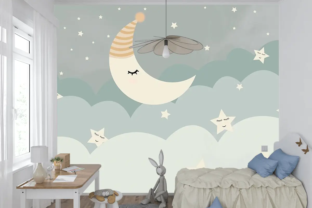 Bulutlar Ay Ve Yıldızlar Çocuk Odası Duvar Kağıdı