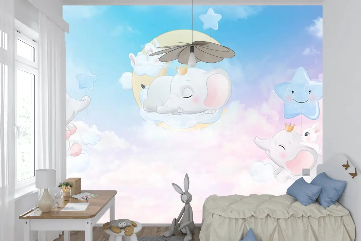Bulutlar Üzerinde Mutlu Filler Çocuk Odası Duvar Kağıdı