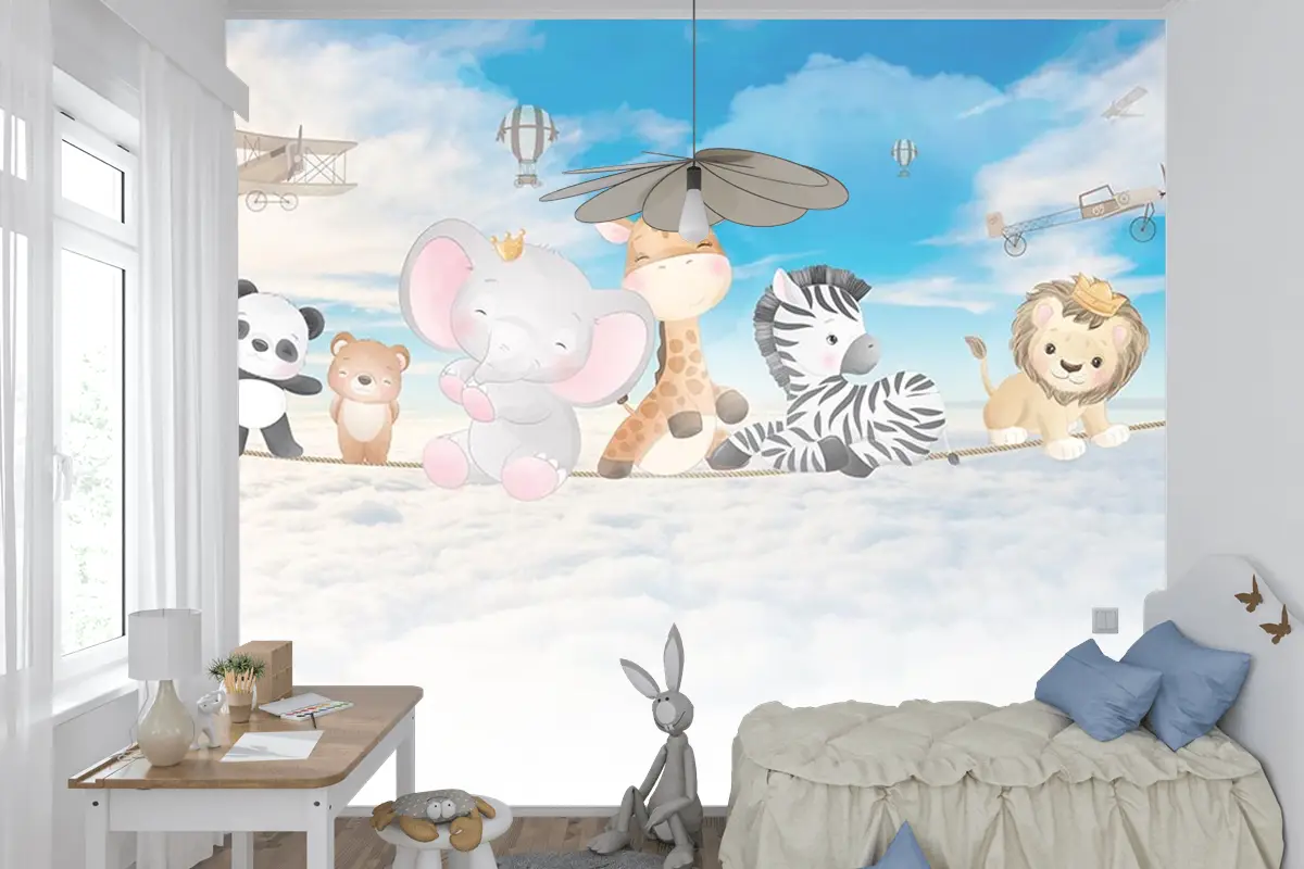 Bulutlar Üzerinde Mutlu Ve Sevimli Hayvanlar Çocuk Odası Duvar Kağıdı