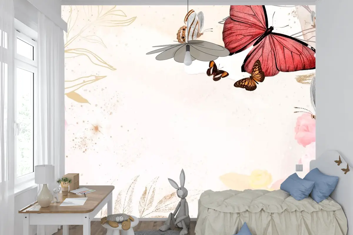 Kelebek Arka Plan Estetik Sınır Çiçekli Çocuk Odası Duvar Kağıdı
