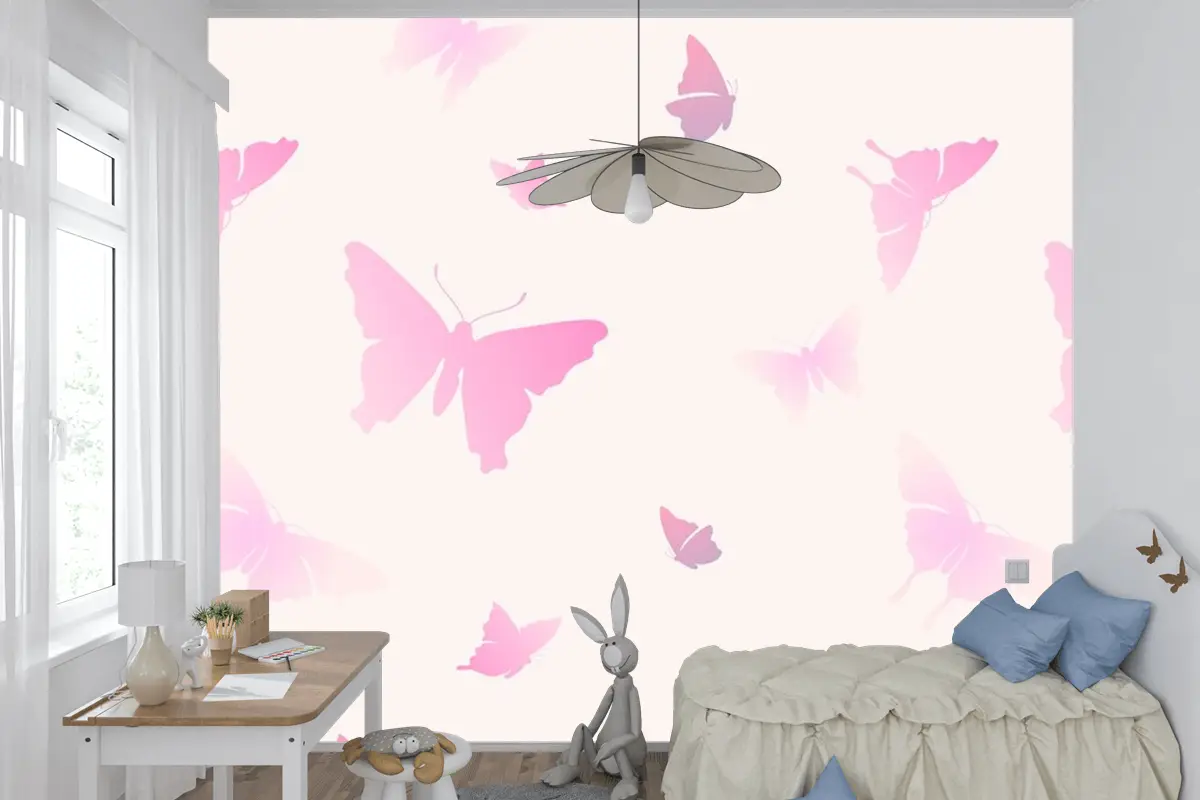 Kelebek Desenli Kadınsı Pembe Estetik Çocuk Odası Duvar Kağıdı