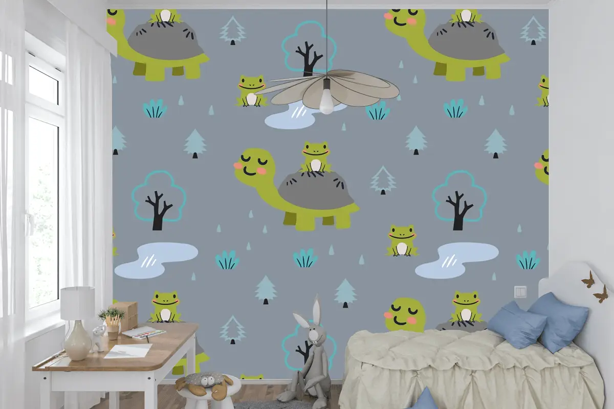 Sevimli Anne Kaplumbağa Ve Kurbağalar Ile Karikatür Hayvanlar Desen Çocuk Odası Duvar Kağıdı