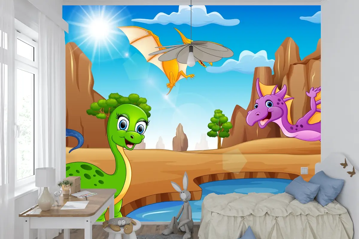 Çölde Yaşayan Karikatür Mutlu Dinozorlar Çocuk Odası Duvar Kağıdı