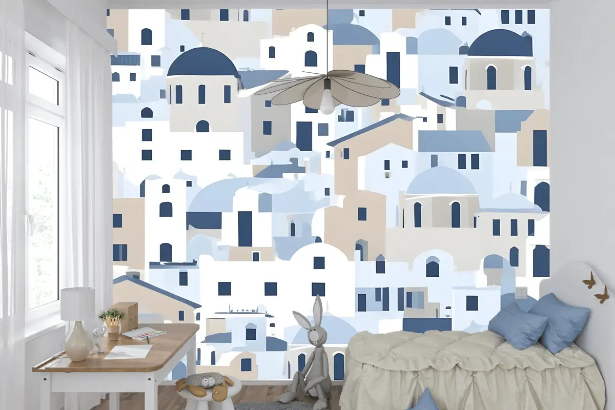 Karikatür Eski Mavi Yunan Evi Çocuk Odası Duvar Kağıdı