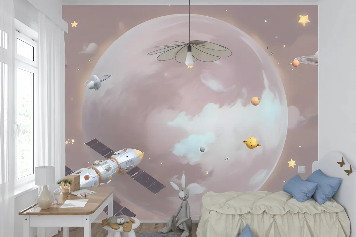 Karikatür Gezegenler Ve Yıldızlı Uzay Çocuk Odası Duvar Kağıdı