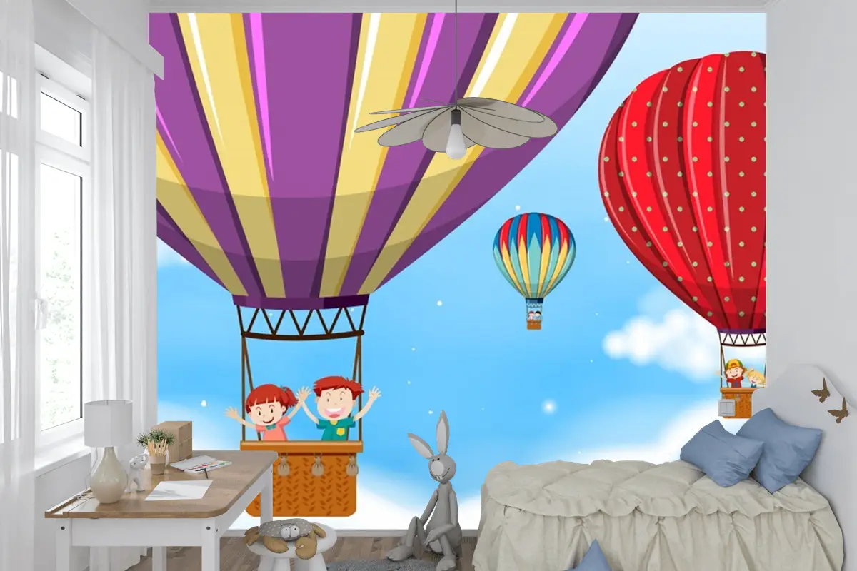 Sıcak Hava Balonuna Binen Çocuklar Çocuk Odası Duvar Kağıdı 