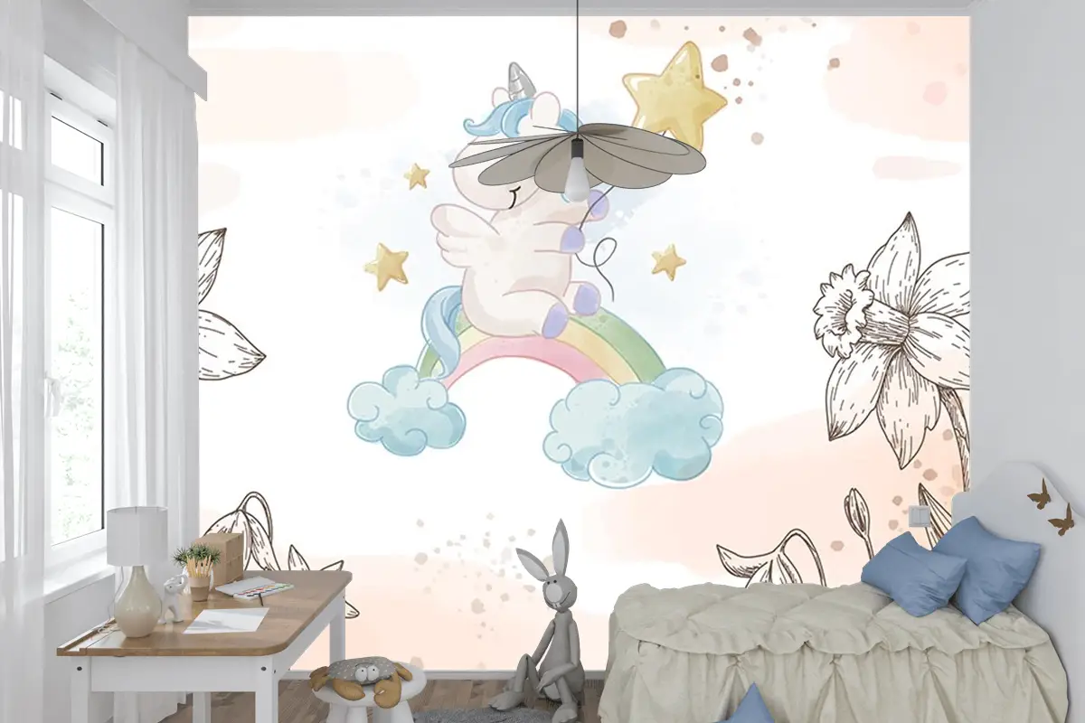 Çiçekler Arasında Unicorn Çocuk Odası Duvar Kağıdı