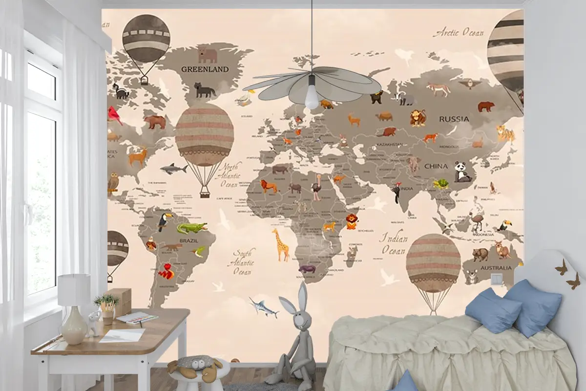 Çocuk Odaları Için Dünya Haritası Ve Balonlar Çocuk Odası Duvar Kağıdı