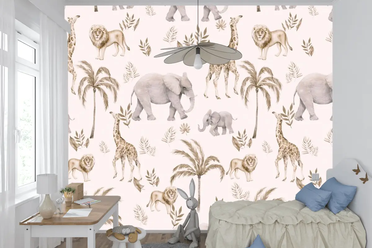 Çocuk Odası Bulutlu Çocuk Odası Duvar Kağıdı Palmiye Ağaçları Ve Safari Hayvanları
