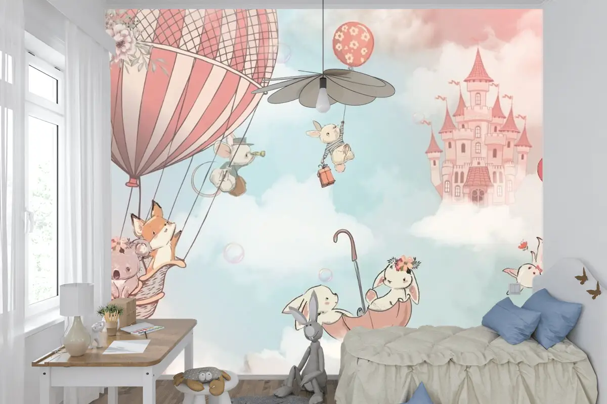 Bulutlu Çocuk Odası Duvar Kağıdı Gökyüzündeki Sevimli Hayvanlar