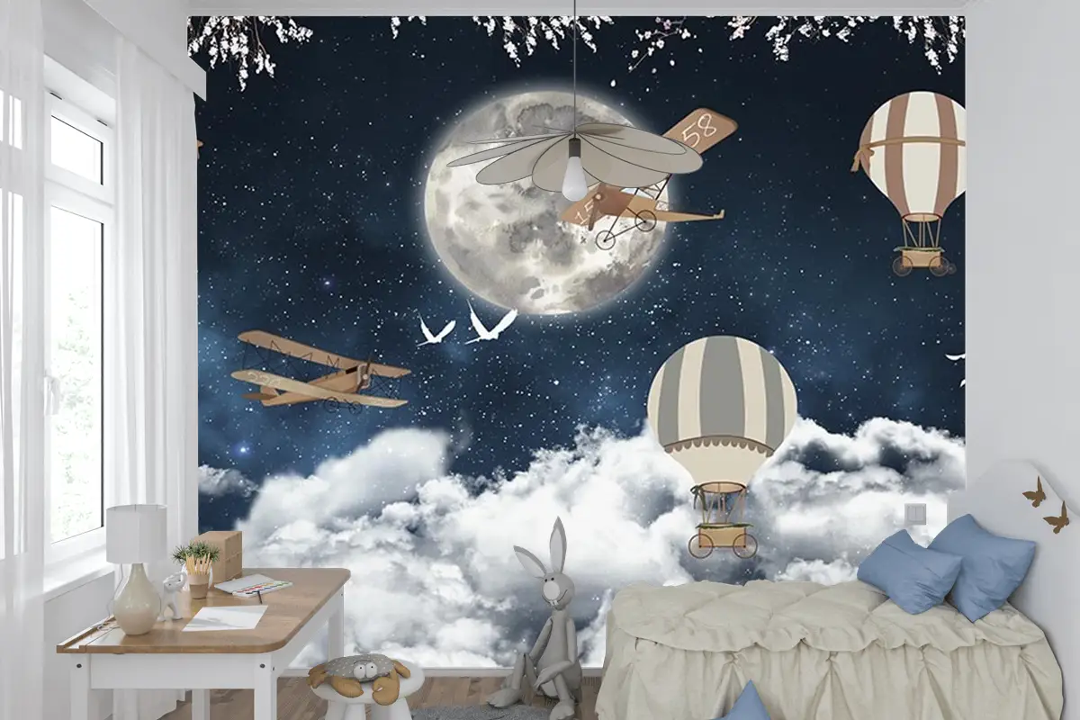 Çocuk Odası Duvar Kağıdı Ay Üzerinde Balonlar Ve Uçaklar