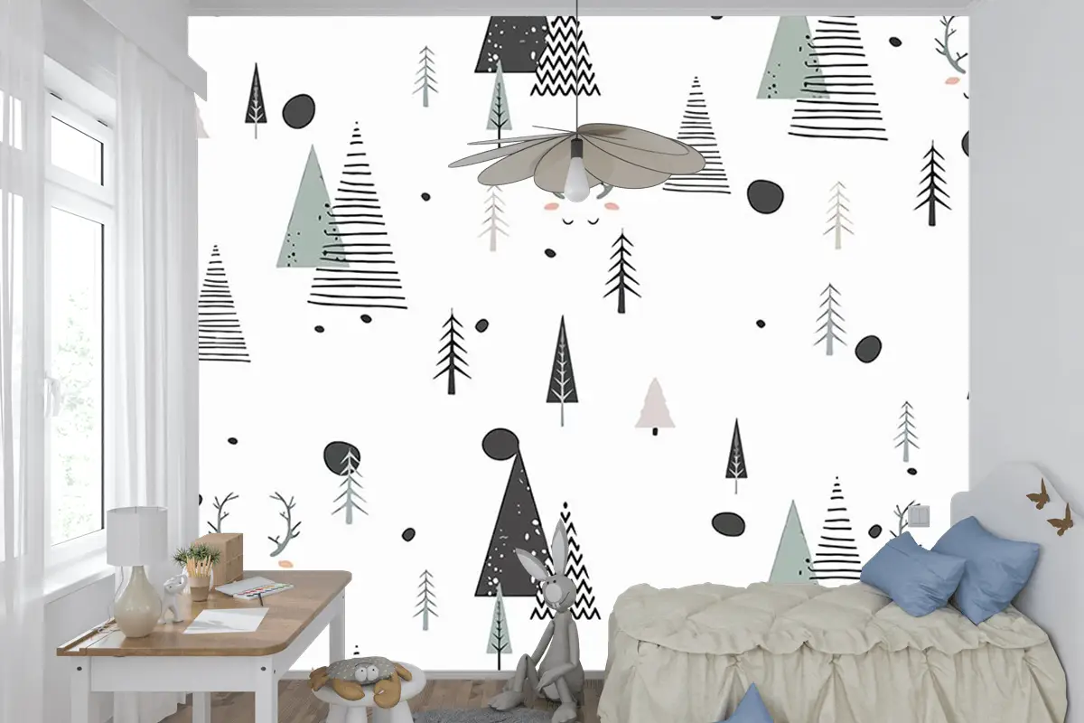 Çam Ağaçları Beyaz Arka Plan Çocuk Bebek Odası Duvar Kağıdı