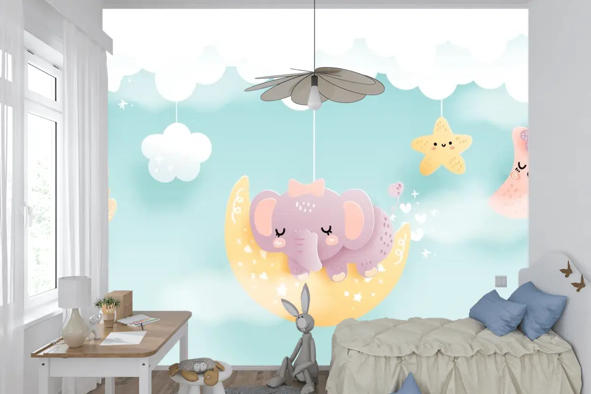 Çocuk Odası Duvar Kağıdı Bulut Üzerinde Sevimli Hayvanlar