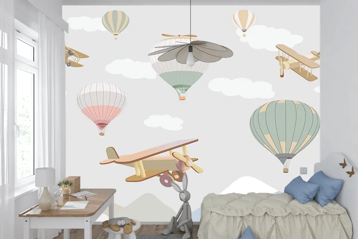Çocuk Odası Duvar Kağıdı Bulutlar Üzerinde Uçaklar Ve Uçan Balonlar