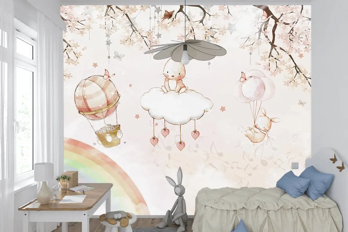 Çocuk Odası Duvar Kağıdı Gökyüzünde Sevimli Tavşanlar