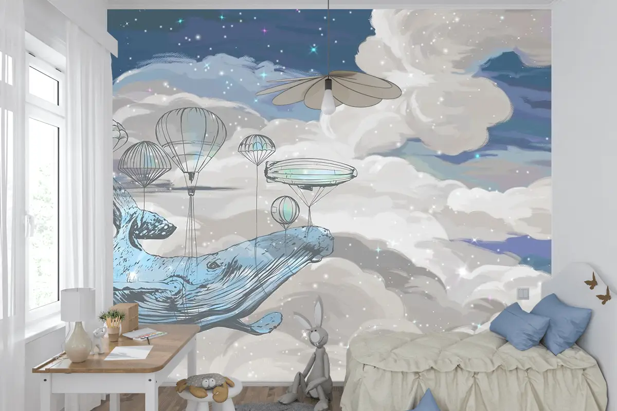 Çocuk Odası Duvar Kağıdı Gökyüzünde Uçan Balina