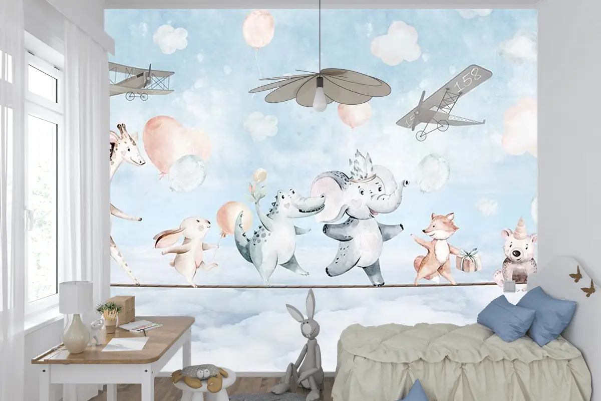 Çocuk Odası Duvar Kağıdı Ip Üzerinde Hayvanlar
